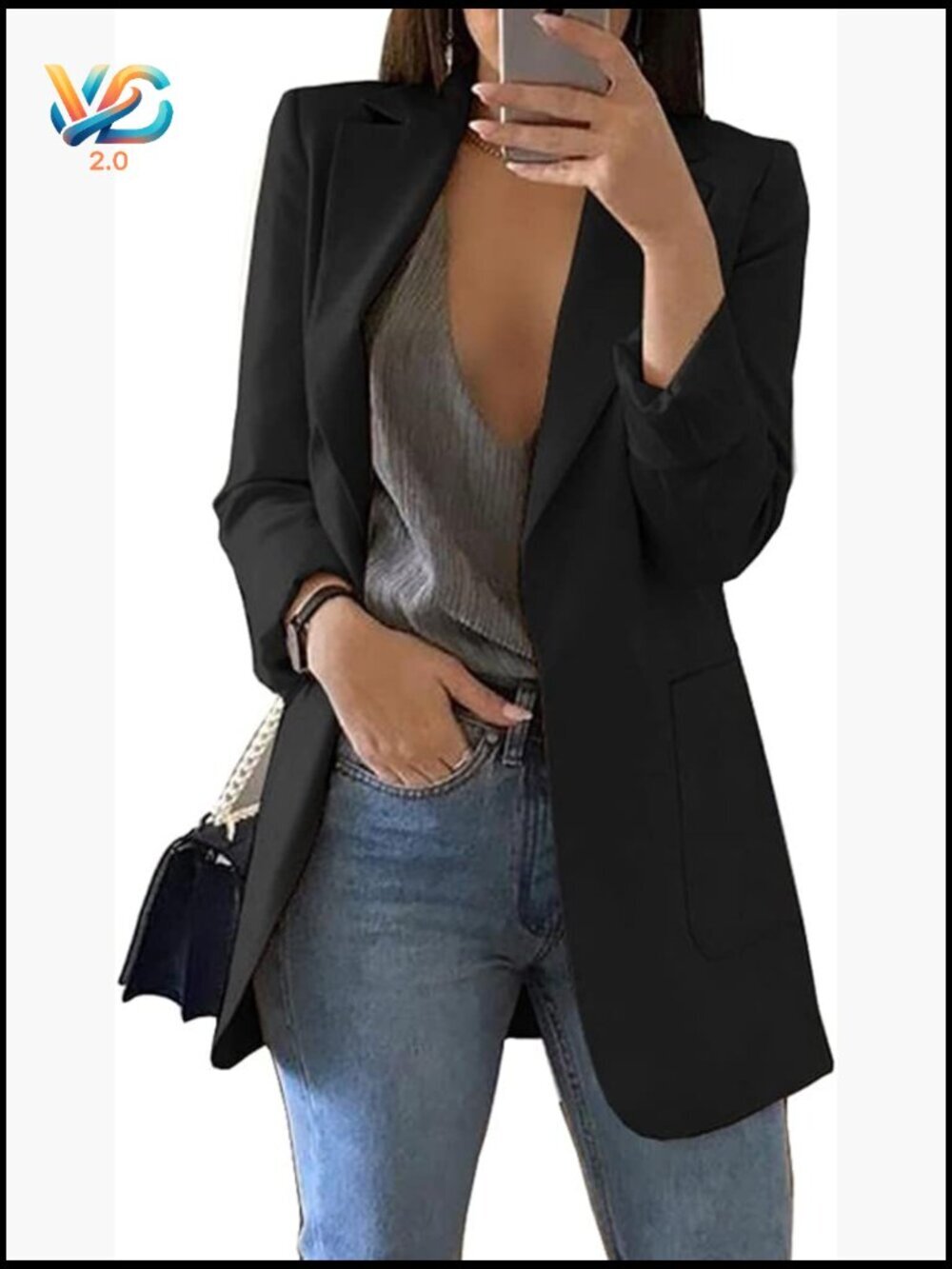 Lightweight Blazer Open Front Lapel Collar Work Office Jacket